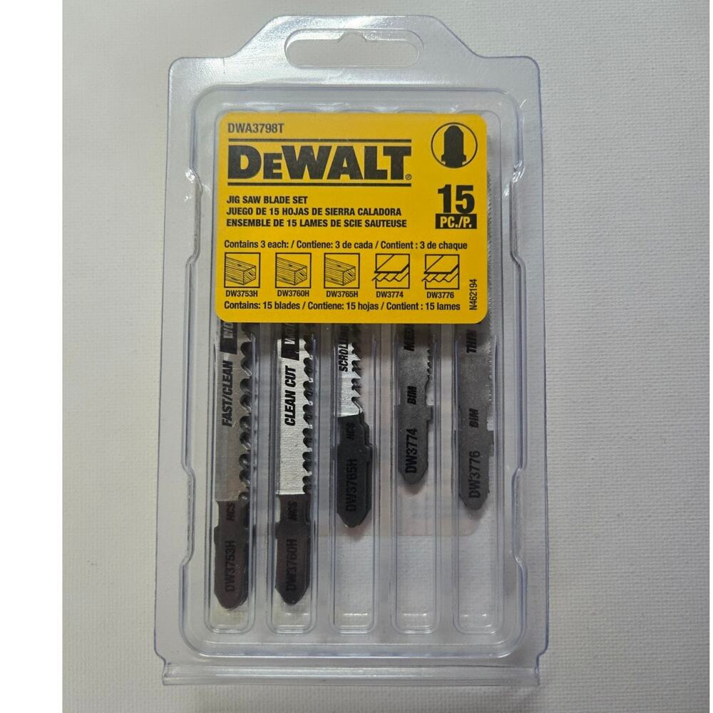 DEWALT DWA3798T 15-Piece T-Shank Jig Saw Blade Set Wood Metal Cutting